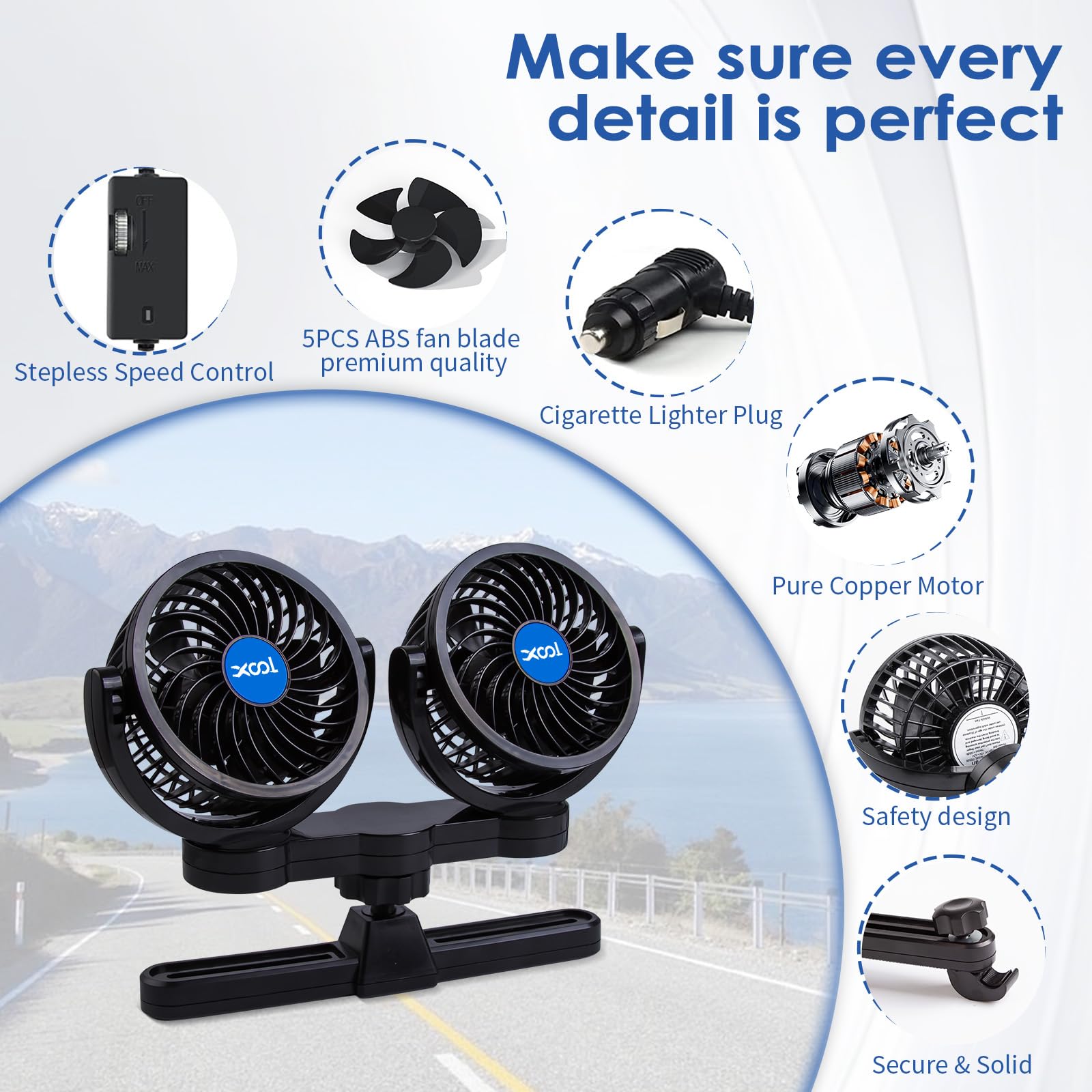 Car Fan Dual Head 360° Rotating Low Noise Cooling Fan Universal For Cars, Suvs & Trucks With Box